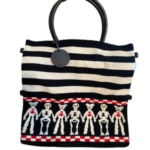Rare Vivienne Westwood Black, White & Red Striped Tote with Skeleton Bear Motif